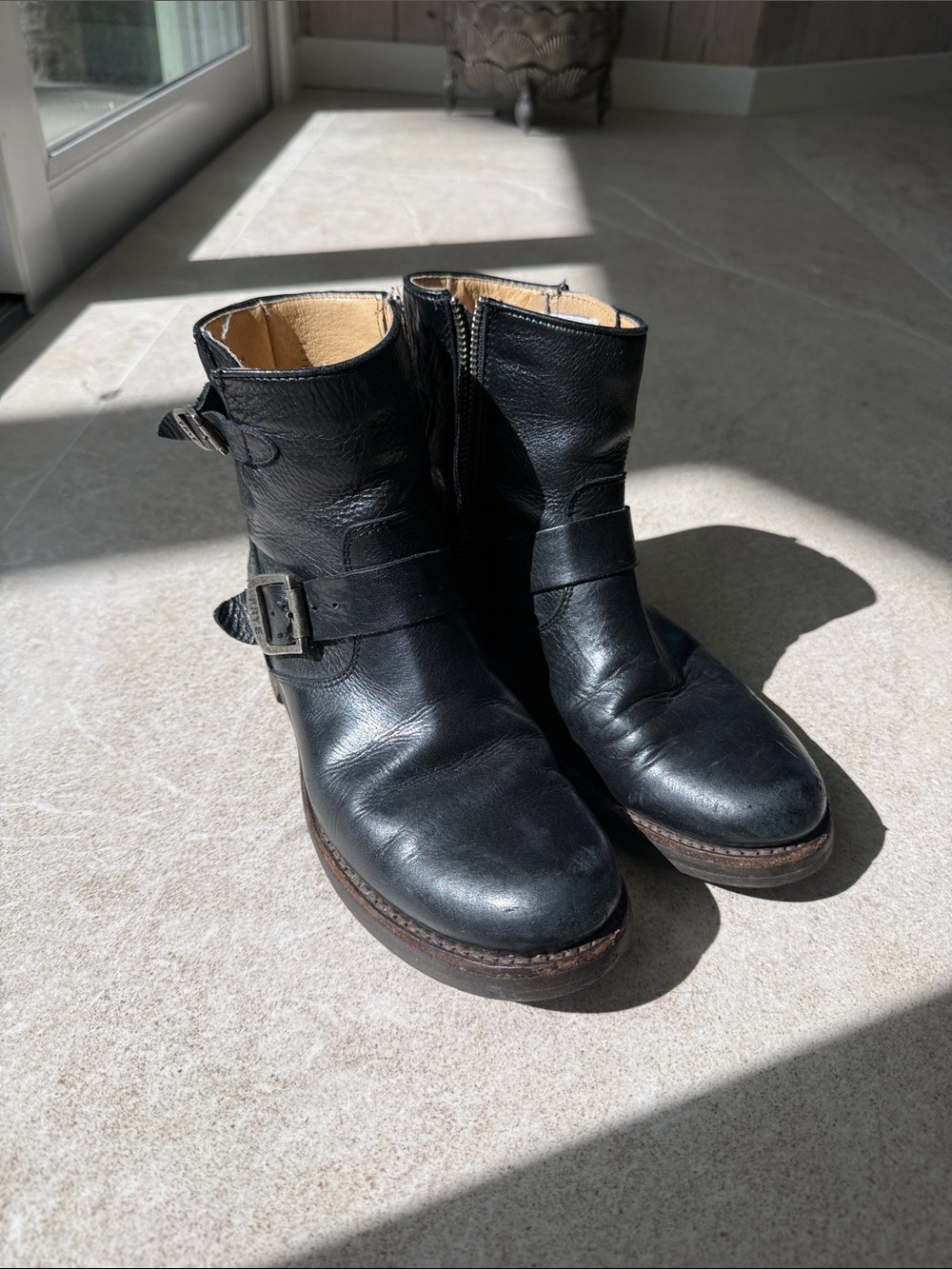 Frye Black Leather Short Harness Ankle Boots